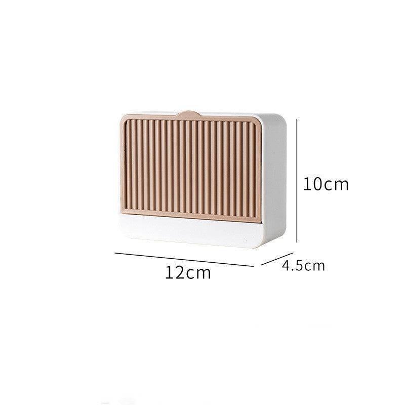 Wall mounted cosmetic storage box with cover in white and khaki, dimensions 12cm x 10cm x 4.5cm.