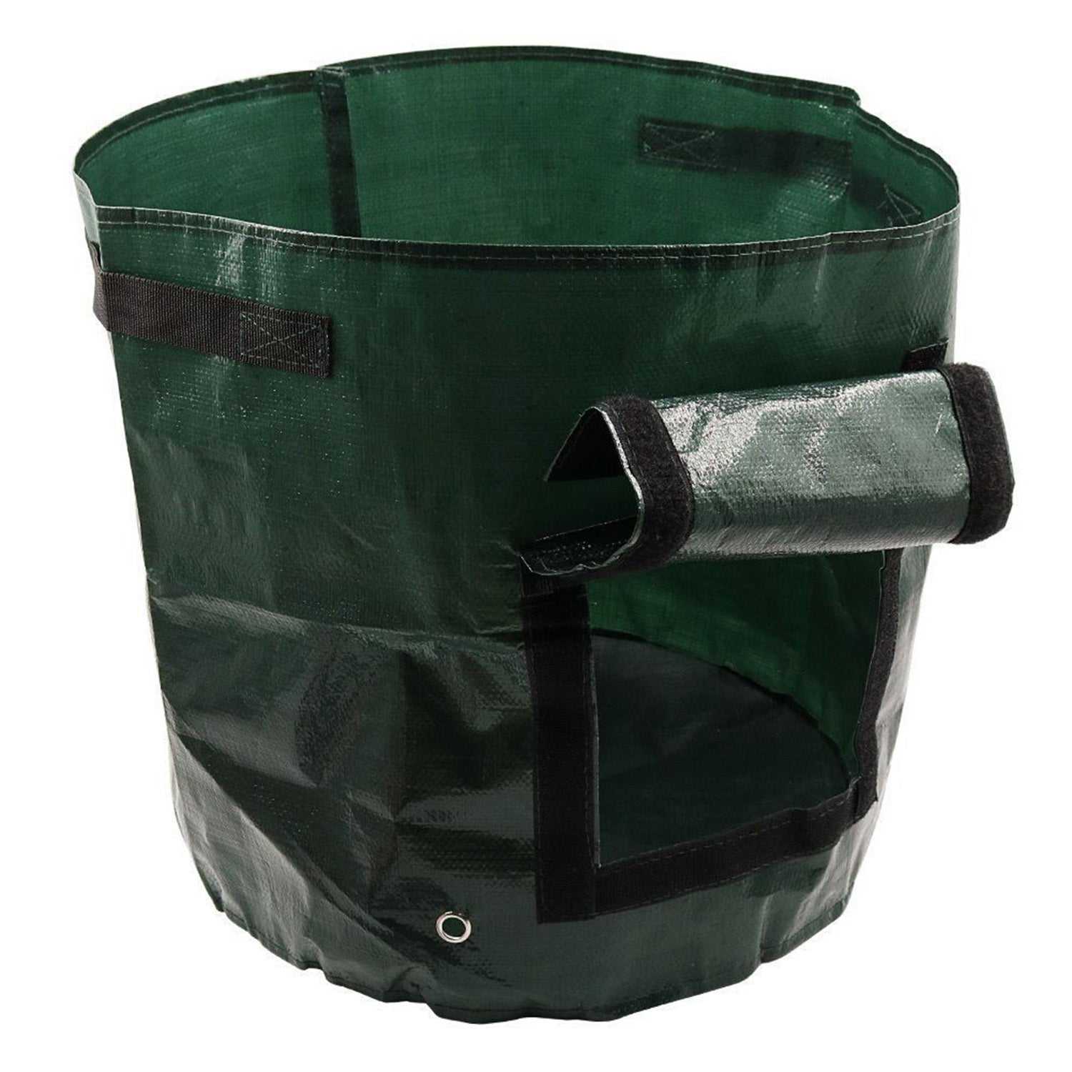 Dark green PE cloth garden planting bag with side windows and double handles.