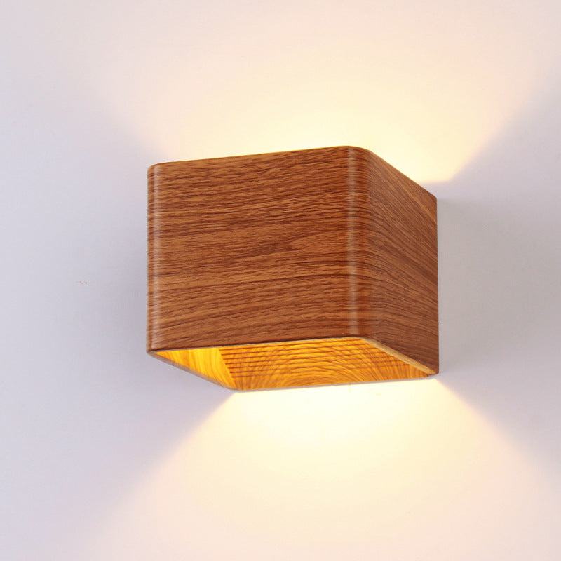 Square LED indoor wall lamp, imitation wood finish, warm white light.