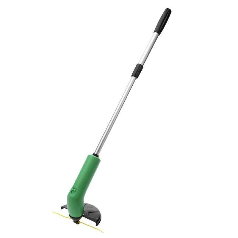 Cordless lawn trimmer with lightweight extension pole and protective debris shield.