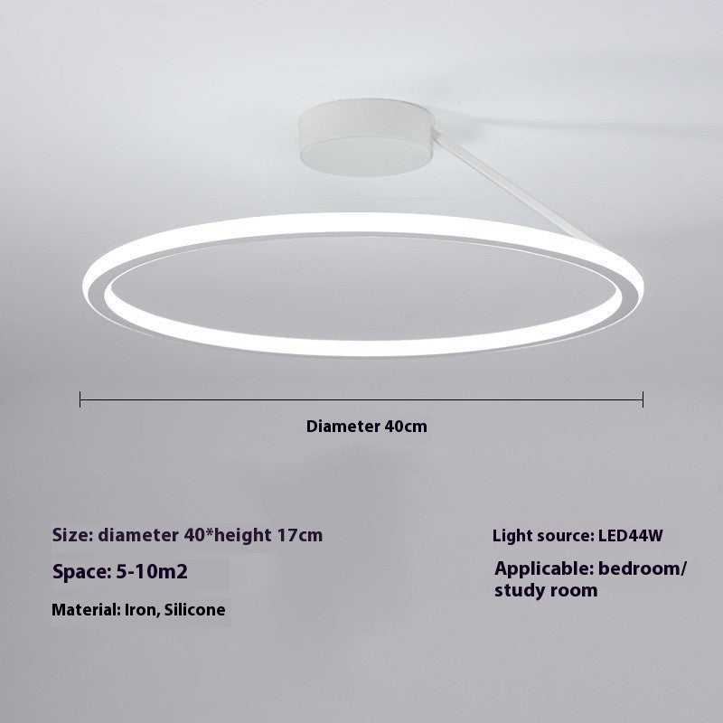 Simple modern LED ceiling light with round design, iron and acrylic materials, 40cm diameter, suitable for bedroom or study room.