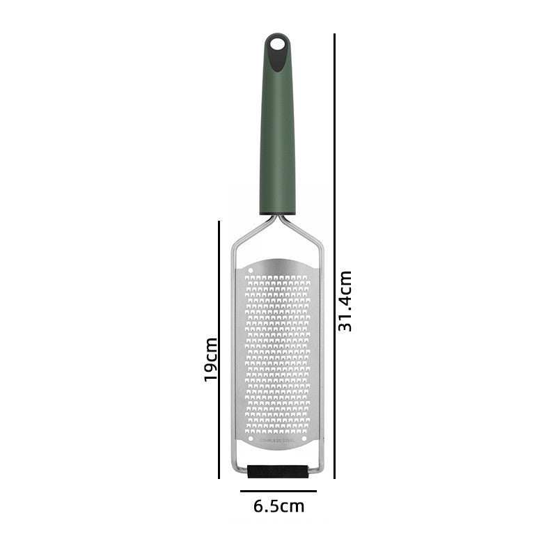 Stainless steel cheese grater with black handle, measuring 31.4cm by 6.5cm.