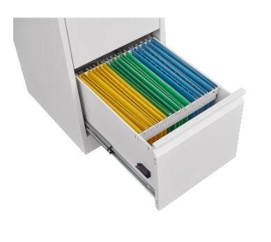 White 3 drawer file cabinet with open drawer showing organized folders in various colors.
