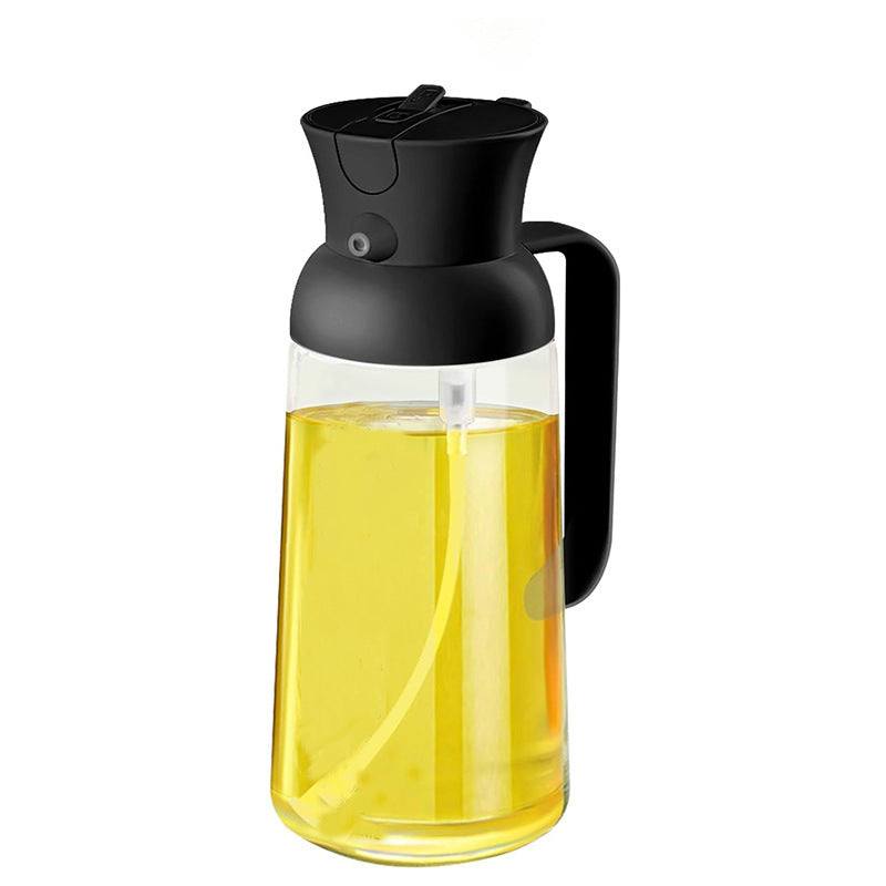 Modern glass kitchen fuel injector and olive oil sprayer with automatic opening, featuring sleek black top design.