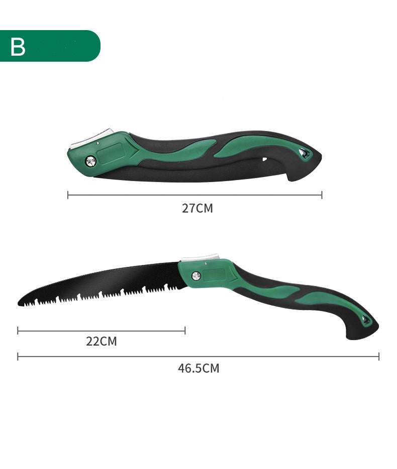 Folding hand saw for woodworking with alloy blade and ergonomic grip, ideal for outdoor, garden, and carpentry use.