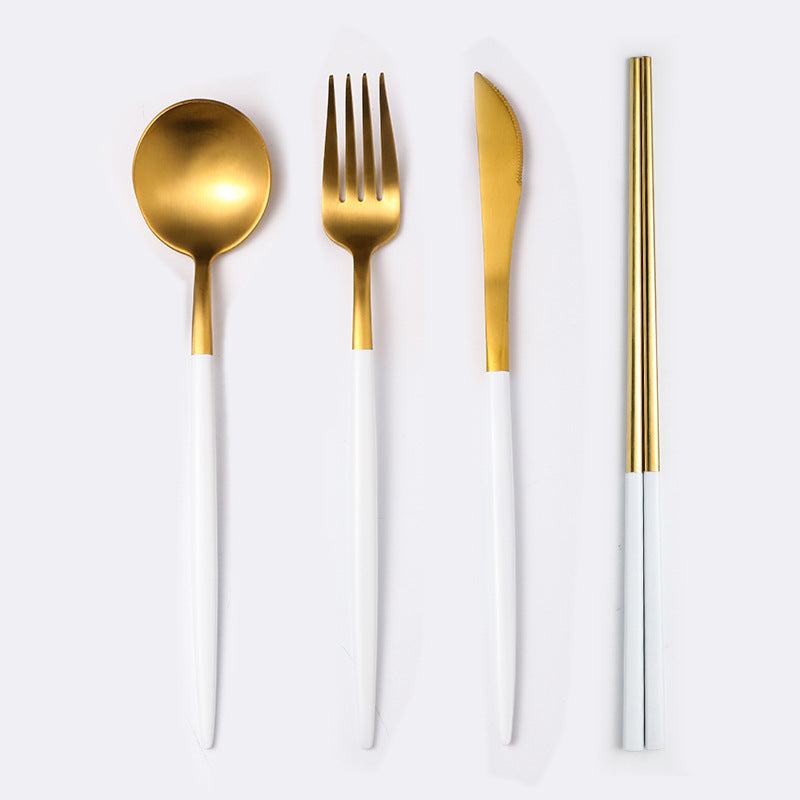 Stainless steel cutlery spoon set with mirror polish, includes spoon, fork, knife, and chopsticks.