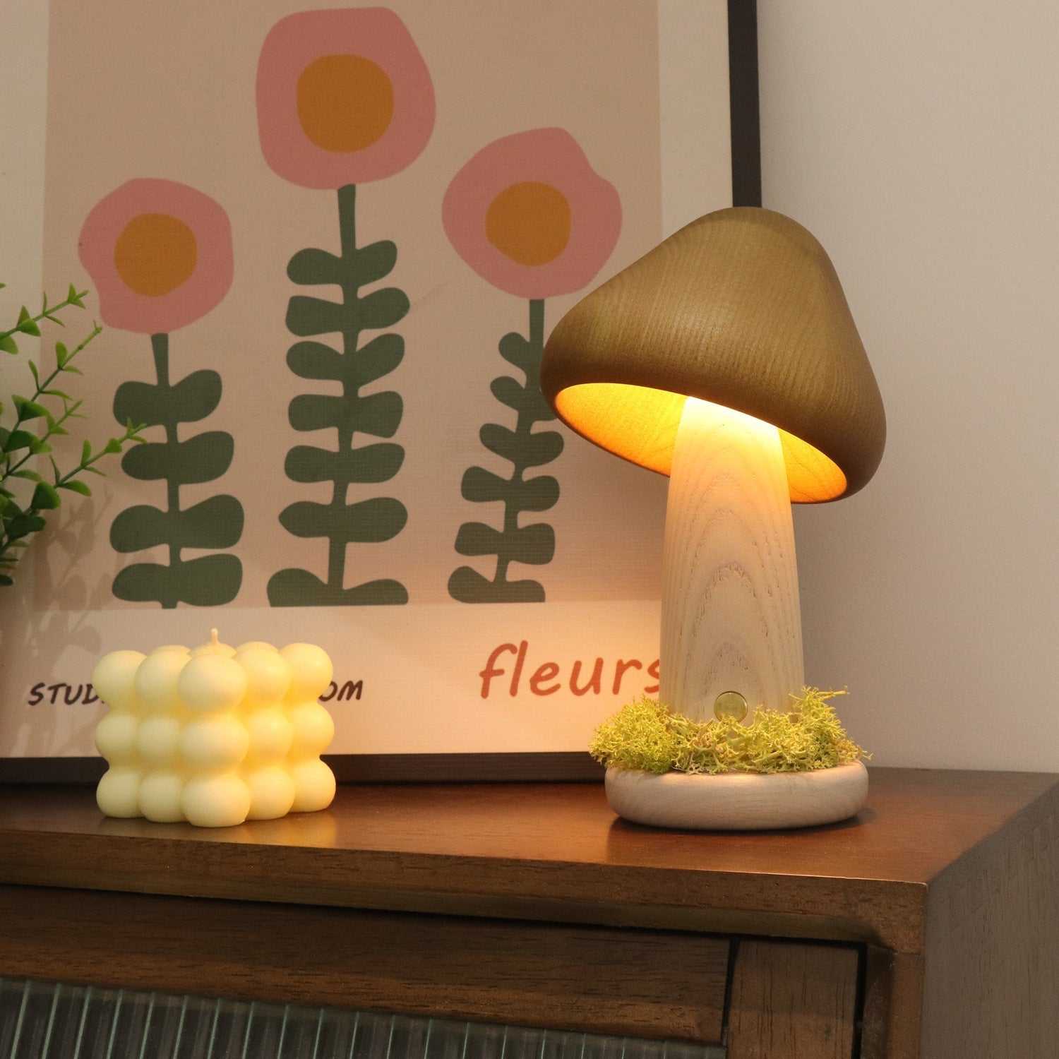 Twisted Mushroom Night Warm Light Touch lamp on a table with floral decor.