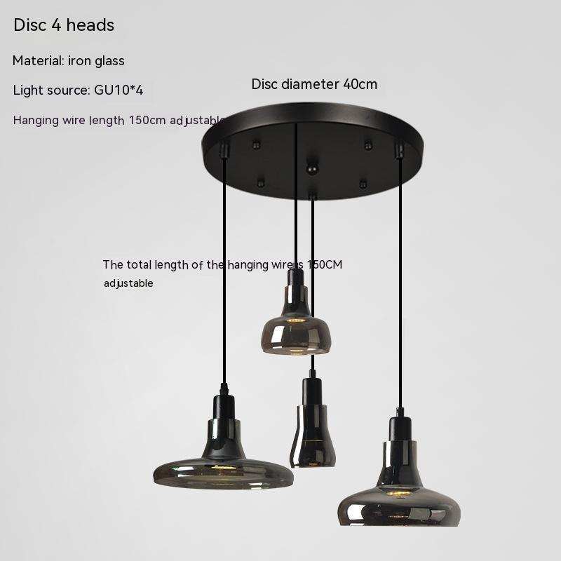 Creative glass shadow chandelier with four LED lights, featuring iron glass design and adjustable 150cm hanging wires, disc diameter 40cm.