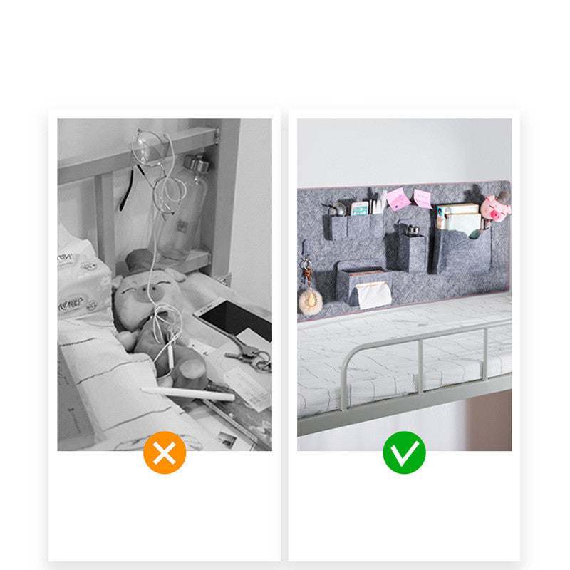 Storage Felt Board for organized travel storage, showcasing tidy arrangement above bed.