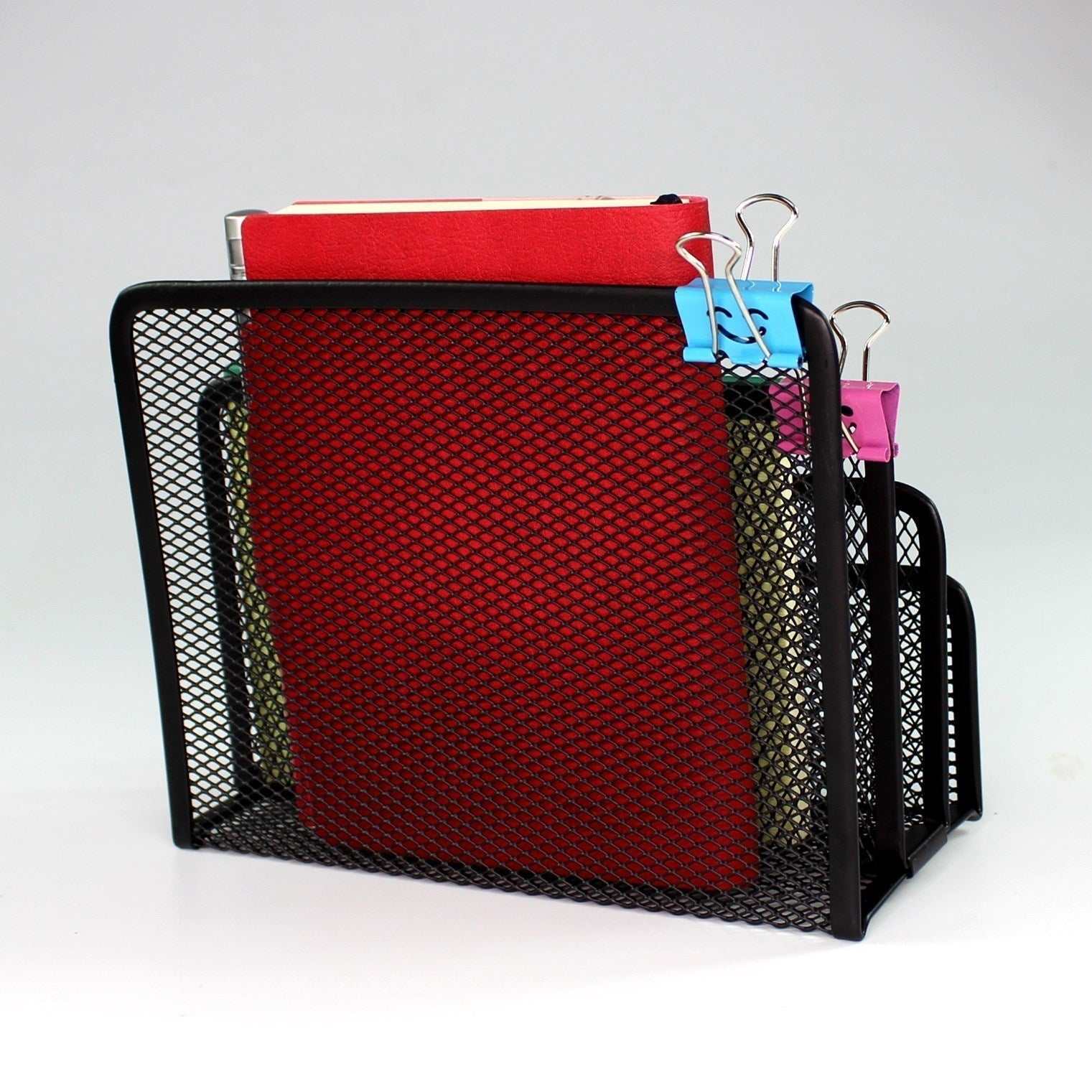 Metal office stationery file holder for desk document storage.