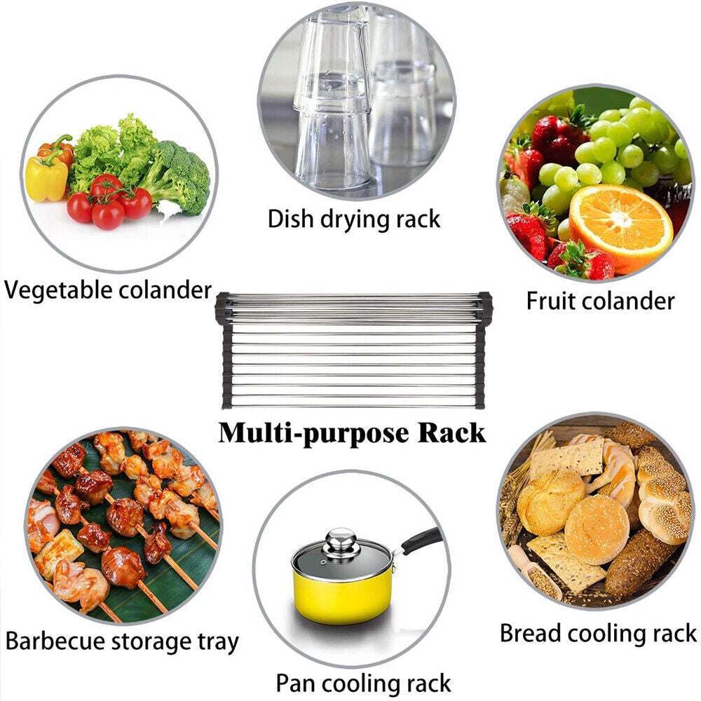 Multi-purpose kitchen stainless steel sink drain rack, versatile for drying dishes, fruits, vegetables, barbecue, and cooling bread, with durable design and rust-resistant materials.