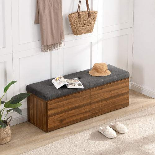 49-inch dark gray storage bench with padded seat cushion, featuring adjustable shelves and double door entrance.