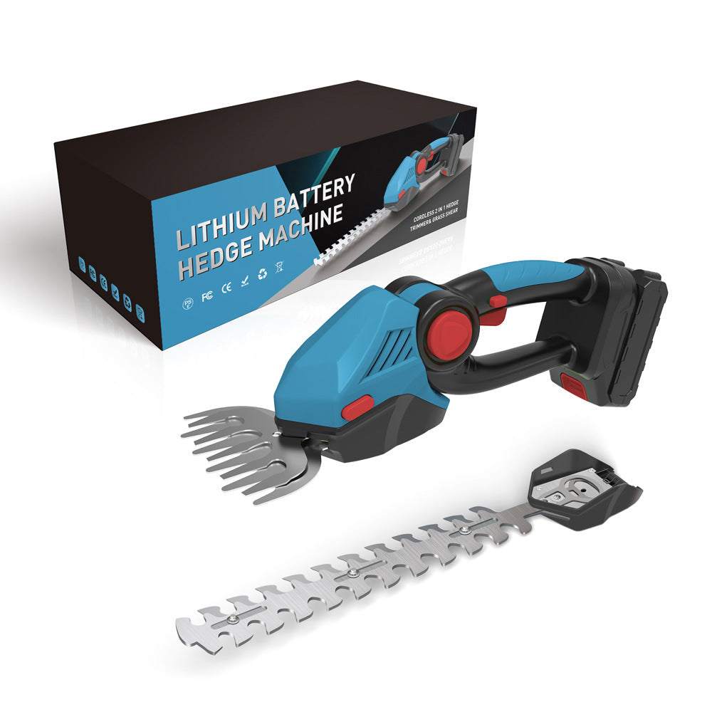 Electric small hedge trimmer with lithium battery beside packaging box.