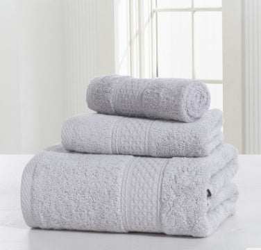 Cotton soft double-sided thickening towel set in gray, including bath towel, towel, and square scarf.