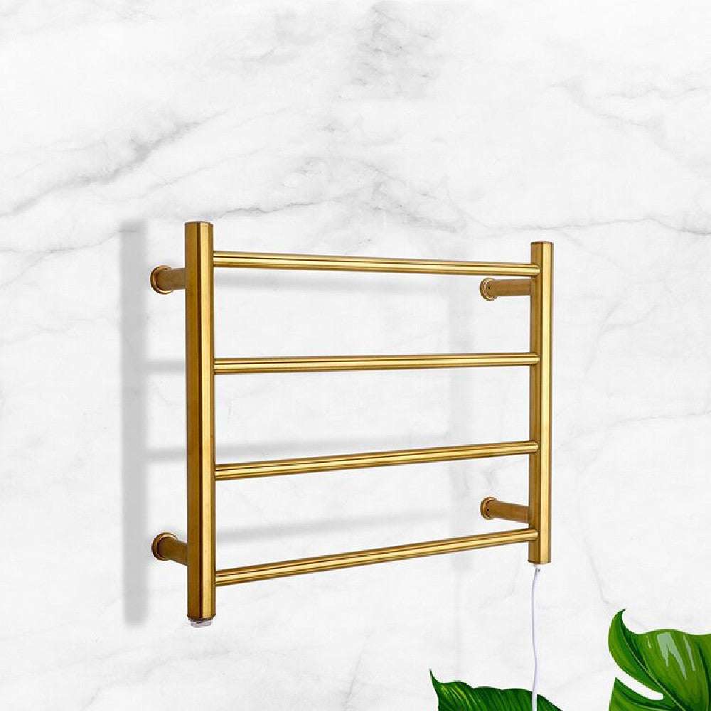 Modern minimalist gold stainless steel heated towel rack, wall-mounted.