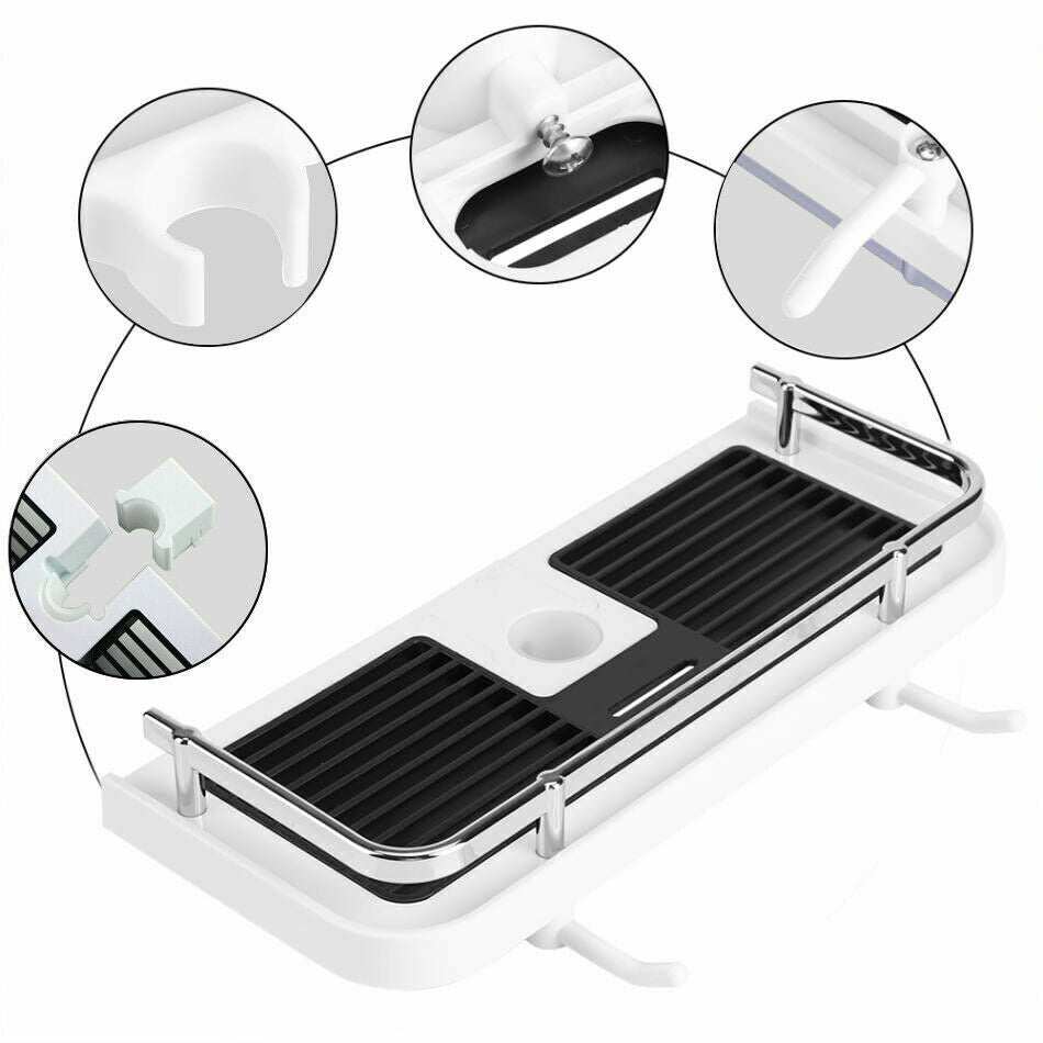 No Drilling Shower Shelf Bathroom Caddy with Hollow Bottom and Hooks, Durable ABS Material.