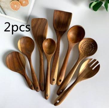 Thailand teak natural wood tableware set including spoon, ladle, turner, and skimmer tools.