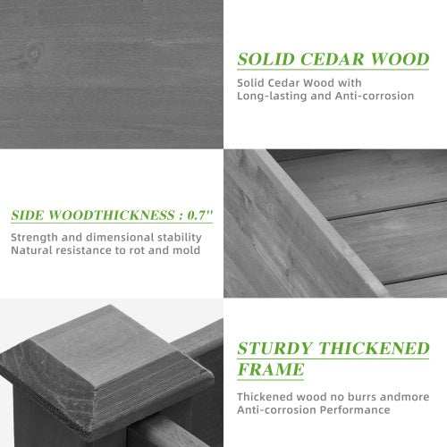 Elevated garden bed with legs made of solid cedar wood, featuring sturdy thickened frame for outdoor plants.