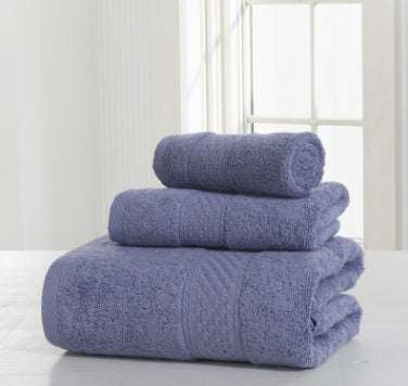 Cotton soft double-sided thick bath towel set in purple, including square scarf, towel, and bath towel.