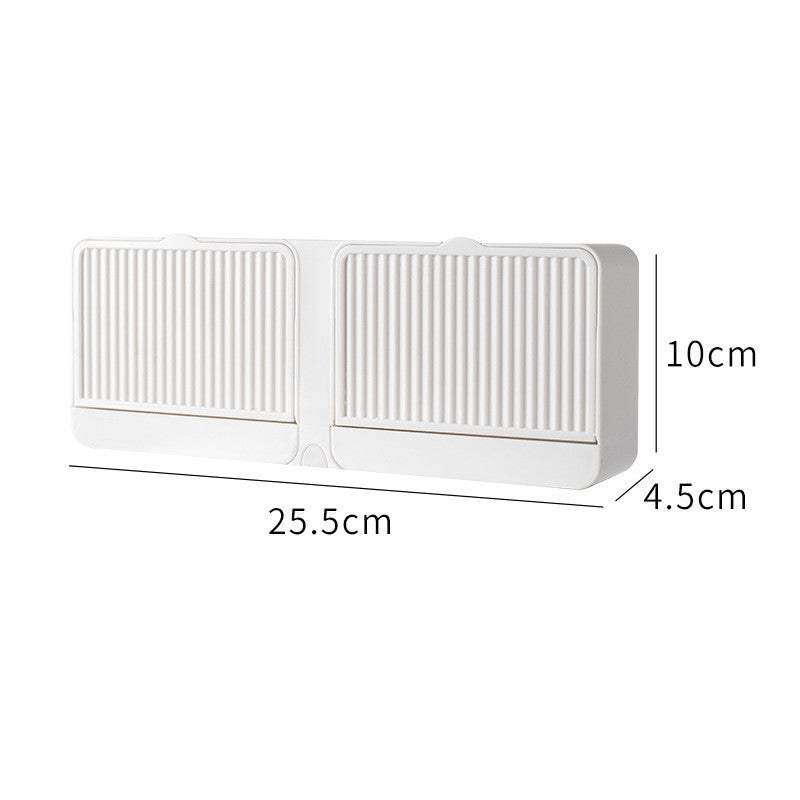 Wall mounted cosmetic storage box with dual compartments, white color, durable plastic, ideal for bathroom organization.