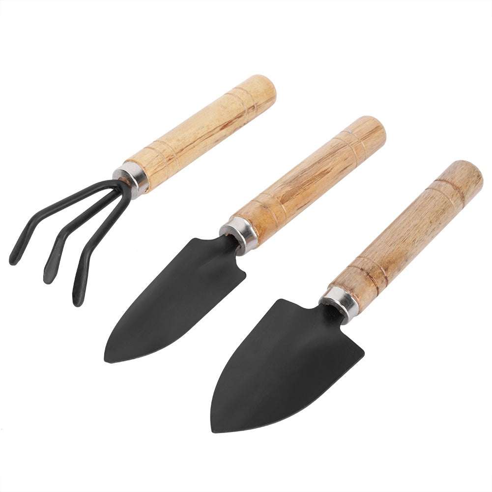 3-piece mini plant gardening tools set with wooden handles, includes spade, claw rake, and shovel for potted plants.