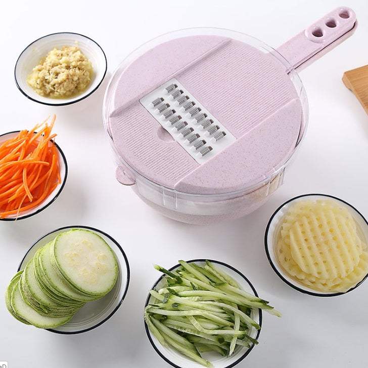 8 in 1 Mandoline Slicer with bowls of sliced vegetables and grated ginger in kitchen setting.