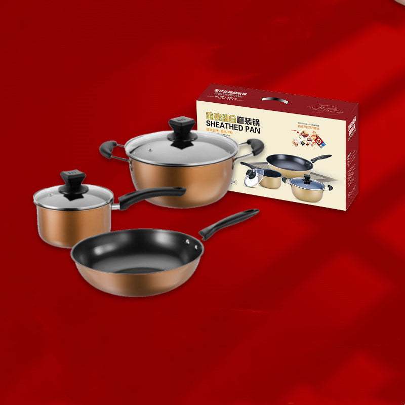Three-piece cast iron cookware set including a soup pot, milk pot, and non-stick wok in a light luxury style.
