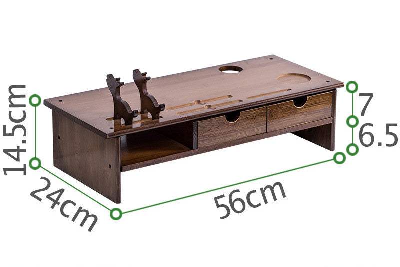 Solid wood desktop computer monitor stand with storage, featuring a simple modern design, walnut color, and carved wooden craft.