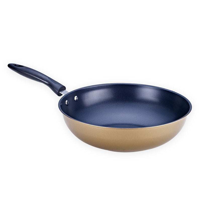 Non-stick cast iron frying pan with a black handle, part of a three-piece luxury cookware set.