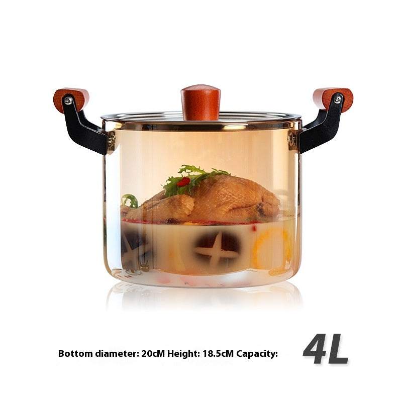 Borosilicate Visions Cookware Pot Binaural Glass with Wooden Handles, 4L Capacity.