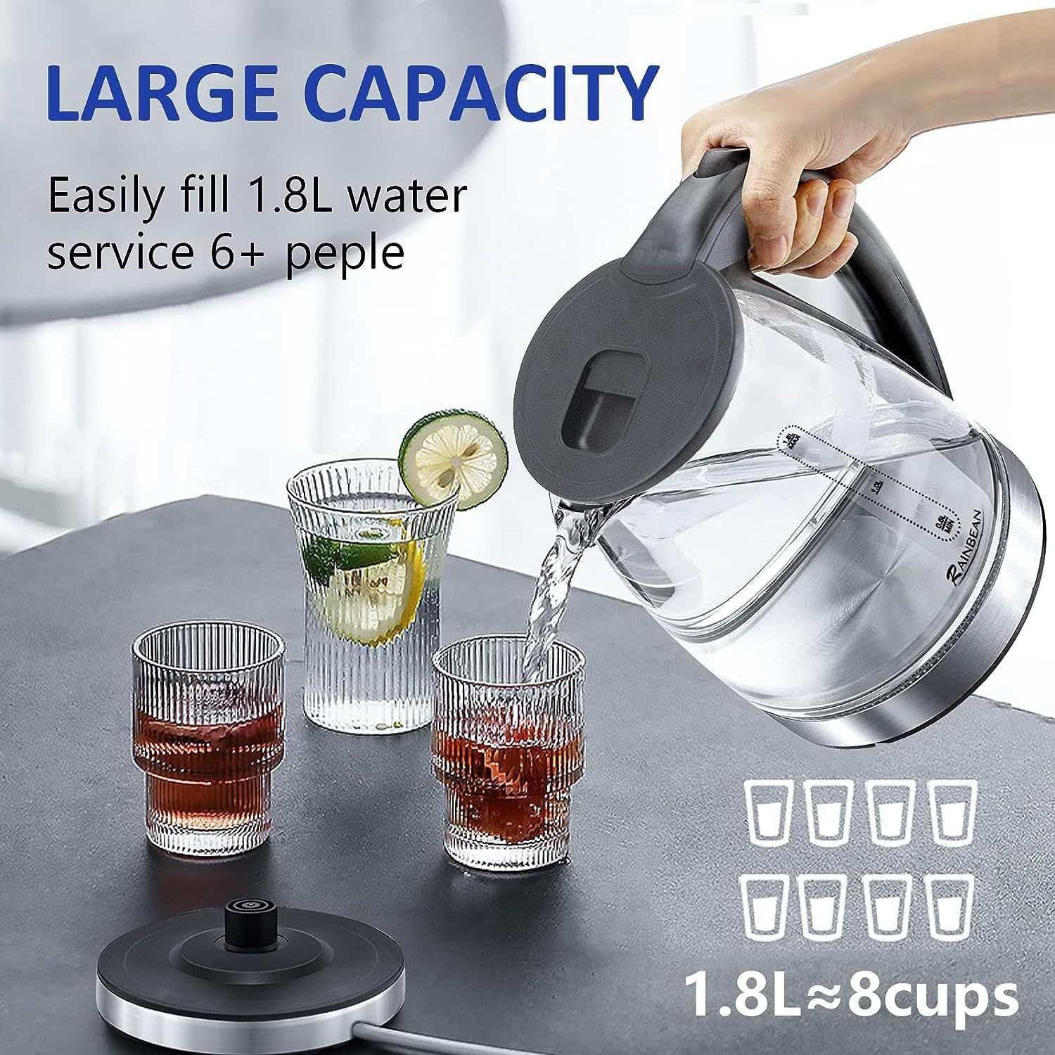 Electric kettle water boiler with wide opening, 1.8L capacity, glass design, black color, featuring LED light and automatic shut-off.