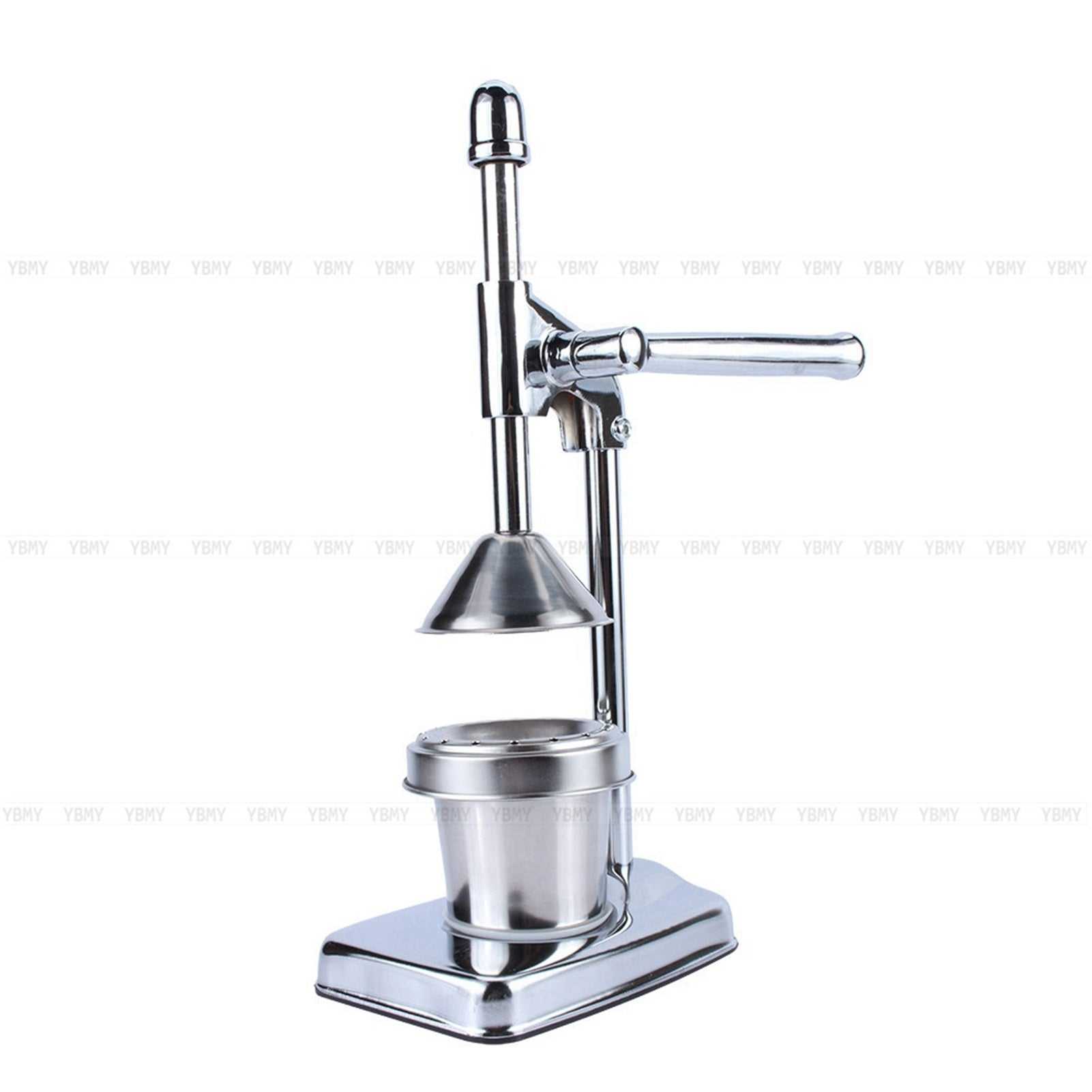 Durable manual hand press orange juicer with lever-gear handle and stainless steel components.