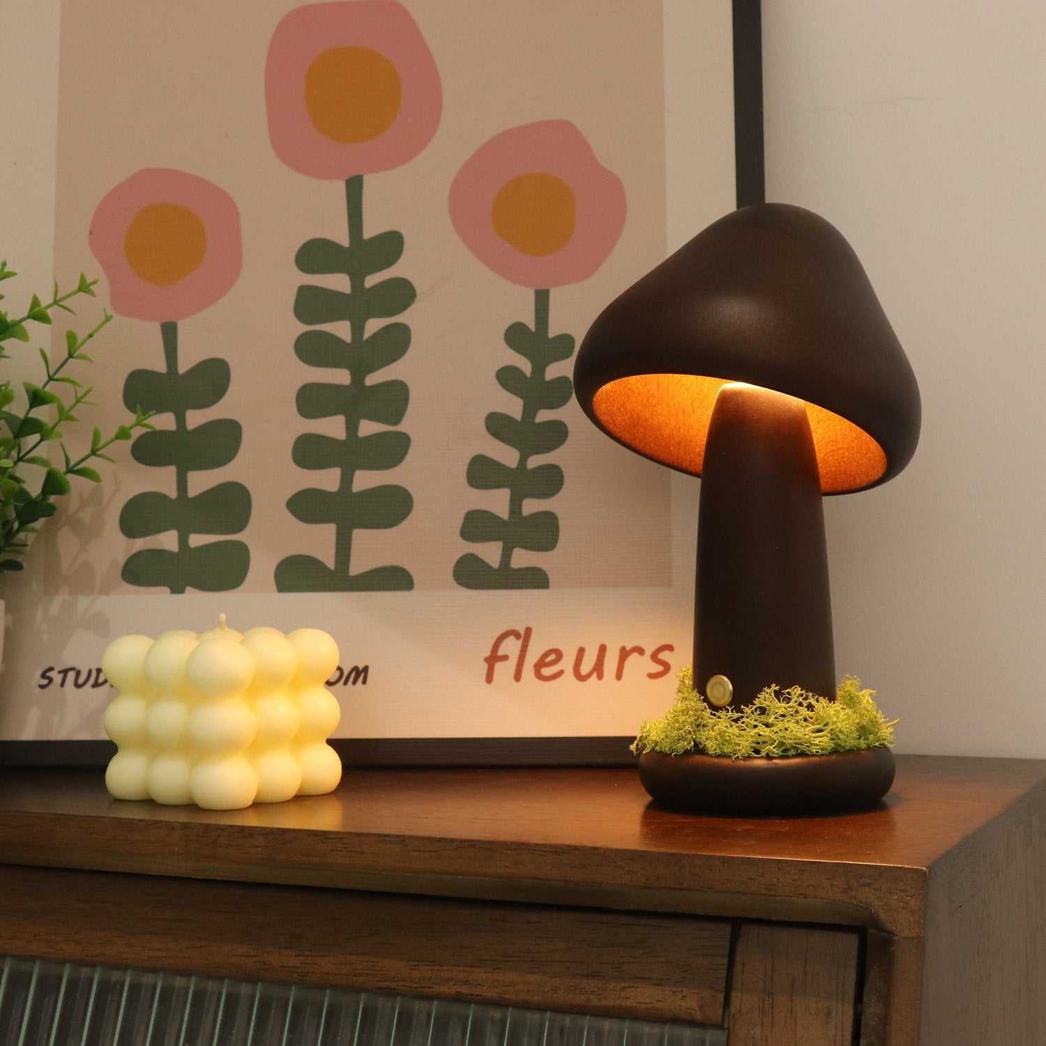 Twisted Mushroom Night Light on wooden surface, stylish decor element.