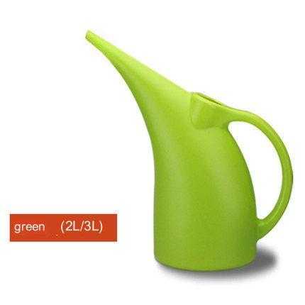 Green plant watering can with long spout for gardening, 2L/3L capacity.