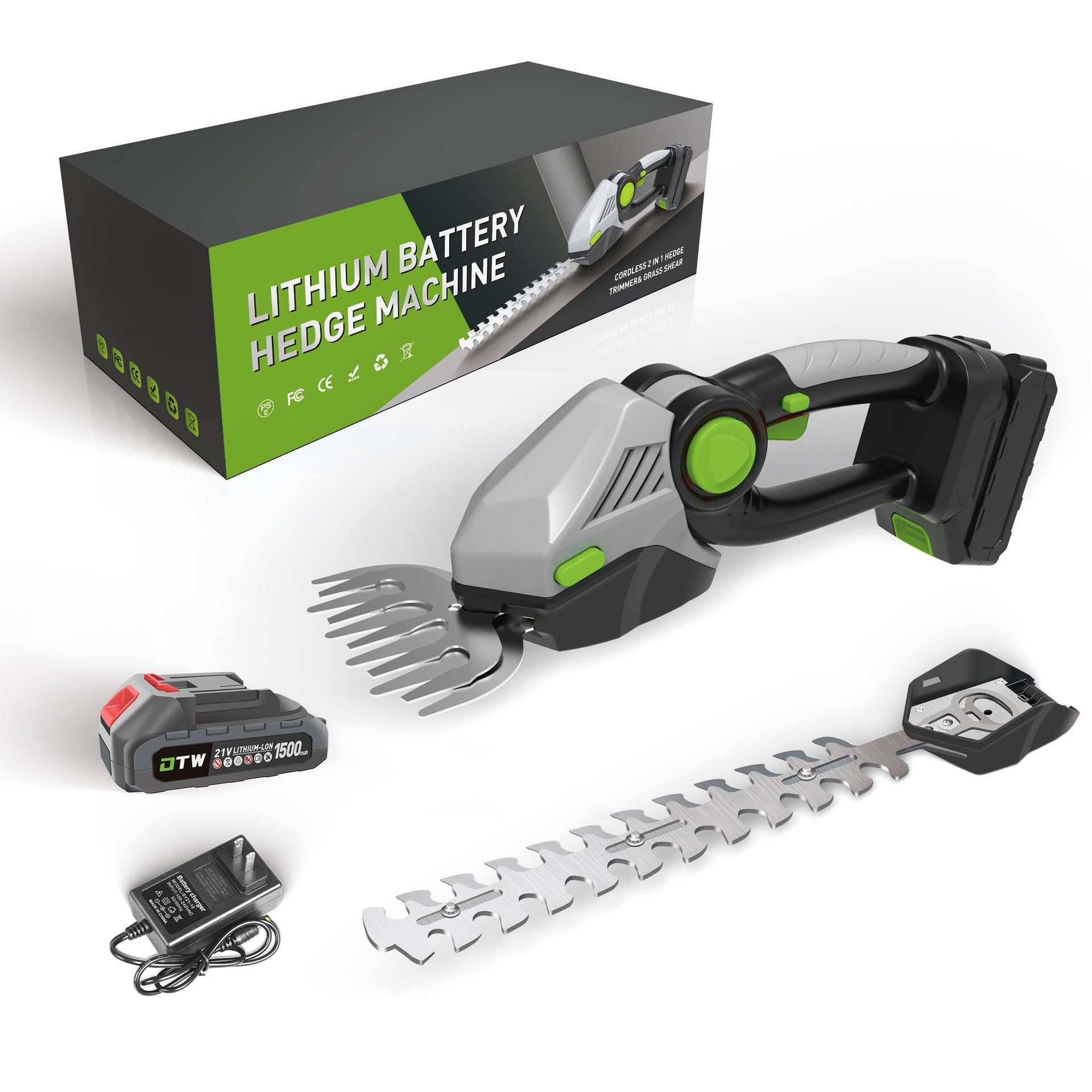 Electric small hedge trimmer with attachments and packaging.