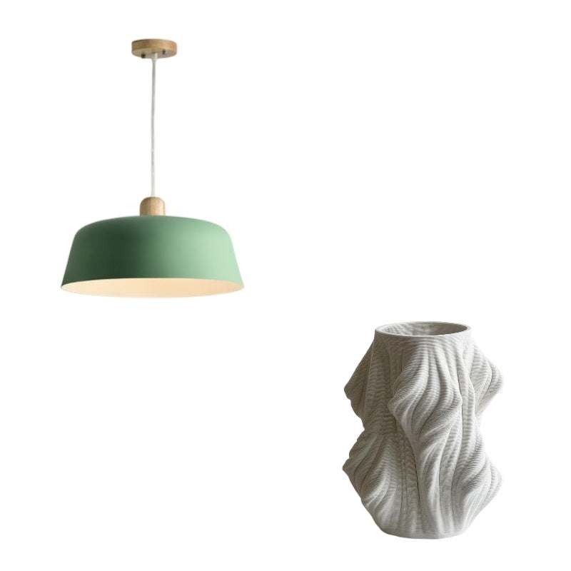 Nordic wood pendant lighting fixture with green shade and wood accent, ideal for kitchen or dining room decor.