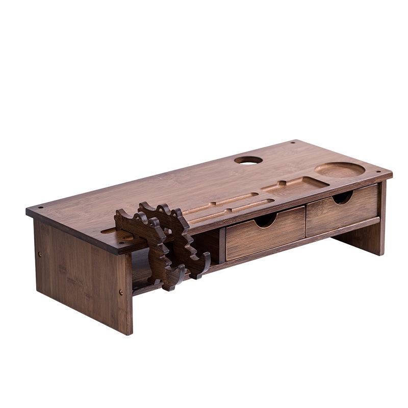 Wooden desktop computer monitor stand with storage, featuring a simple modern design and walnut color, suitable for office use.