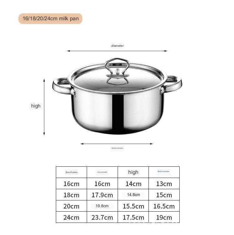 Stainless steel pot with glass lid and size chart for cookware set.