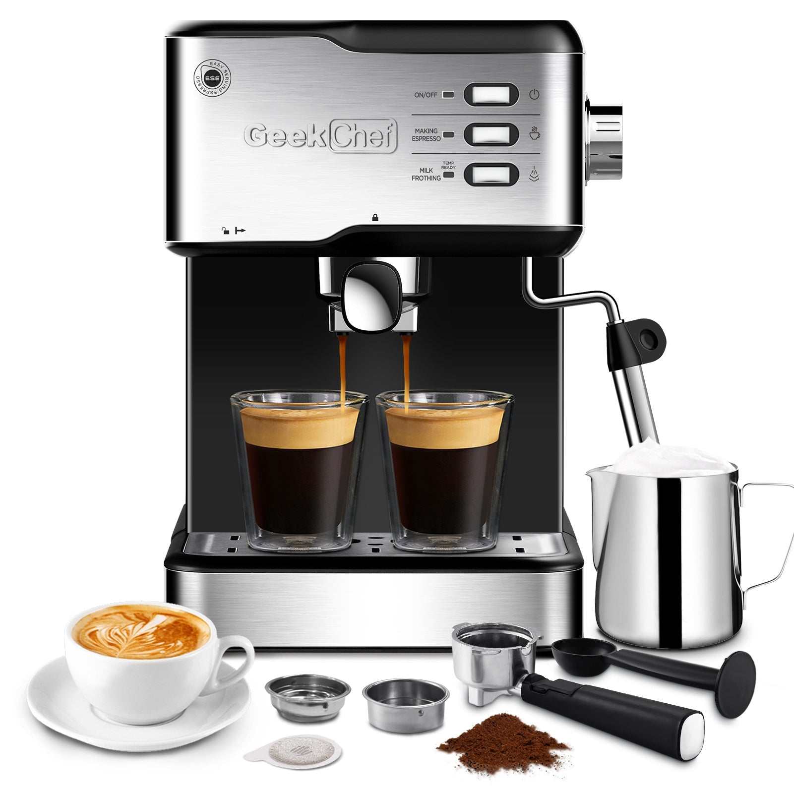 Geek Chef Espresso Machine with 20 Bar Pressure, Milk Frother, and ESE Pod Compatibility