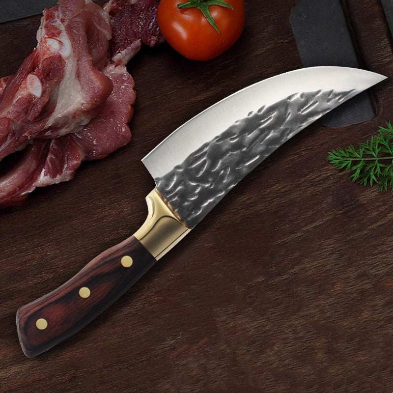 Stainless steel slicing knife for meat splitting with a wooden handle and curved blade.