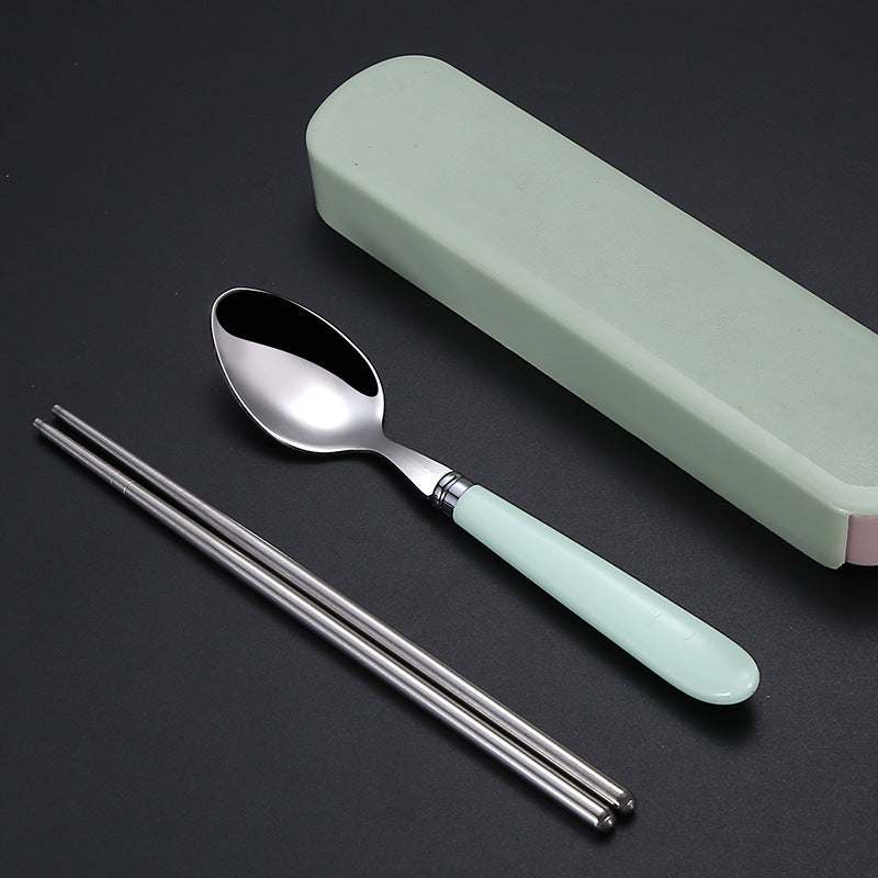 Portable Nordic tableware set with stainless steel spoon, chopsticks, and a sleek green case.