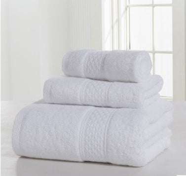 Cotton soft double-sided thickening towel set, including square scarf, towel, and bath towel, displayed in a stack.
