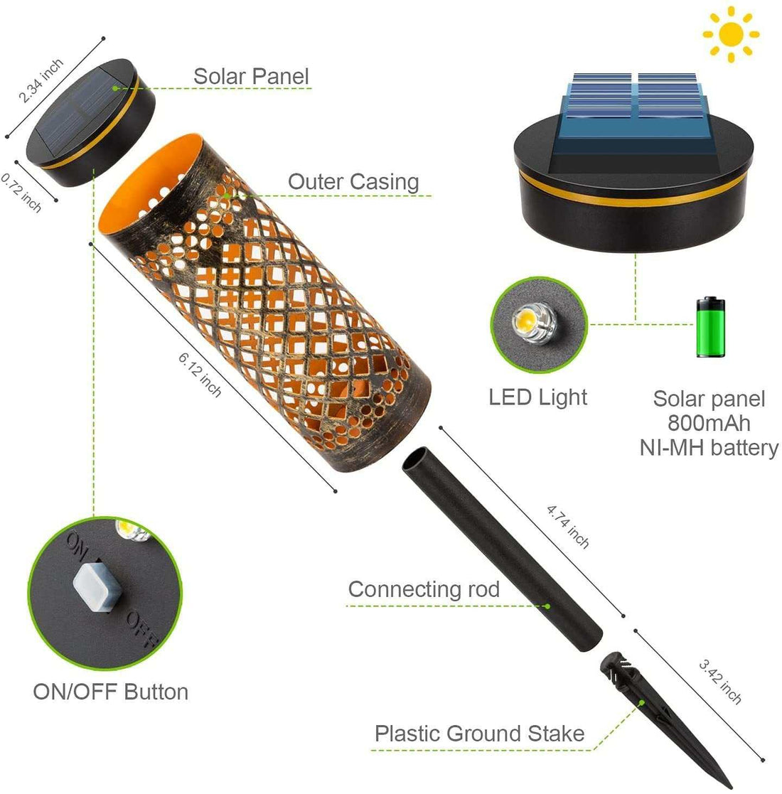 Metal solar-powered lawn lamp with geometric design, featuring a solar panel, LED light, and IP65 protection.