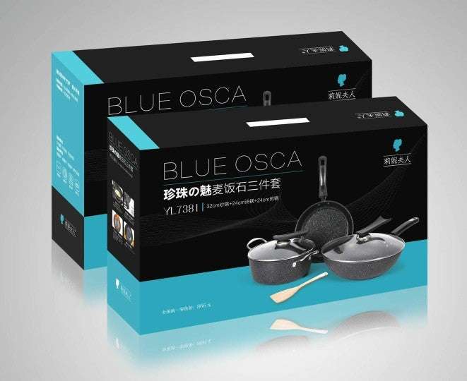 Three-piece cookware set with non-stick, wrought iron pans and composite multilayer bottoms, suitable for gas stoves.