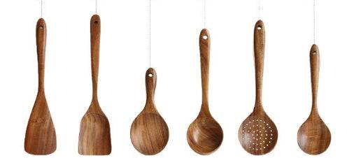 Thailand Teak Natural Wood Kitchen Tool Set with Spoons, Ladle, Turner, and Skimmer.