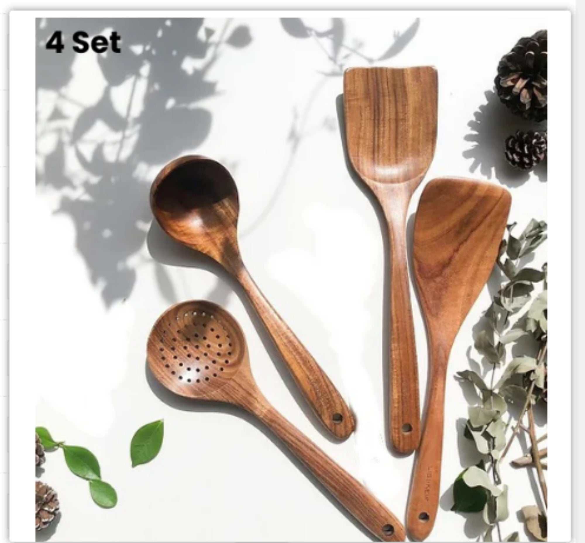 Thailand teak natural wood kitchen tool set with four utensils including spoon, ladle, turner, and skimmer, featuring eco-friendly design.