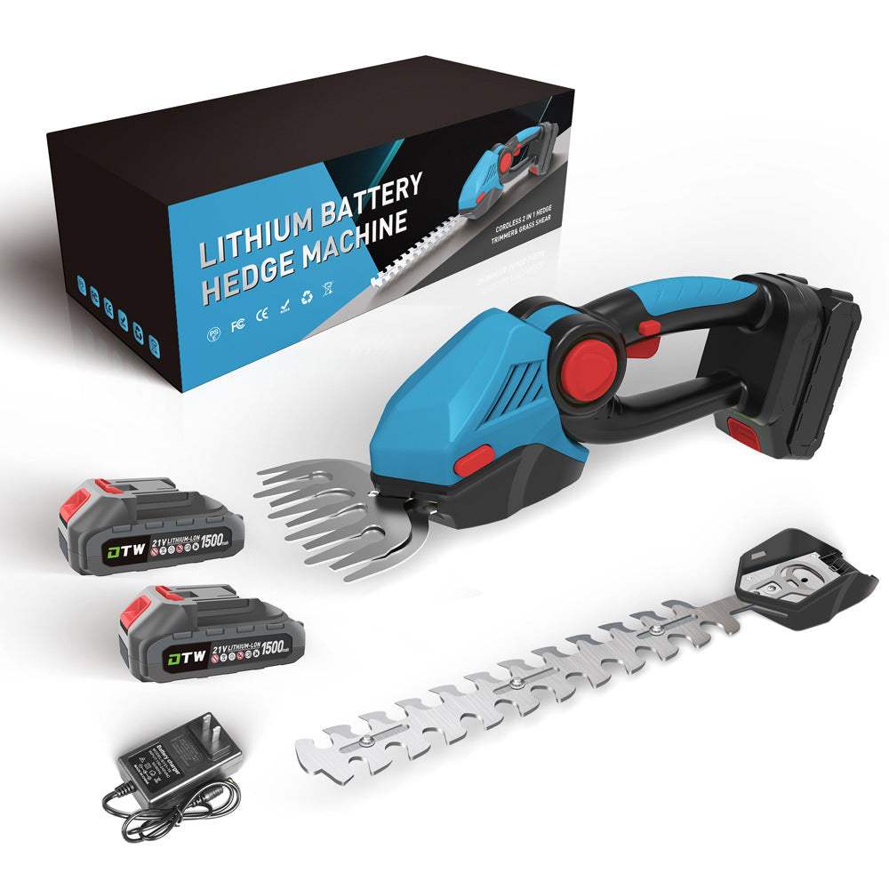 Electric small hedge trimmer with lithium battery, blue and black design, plastic build.