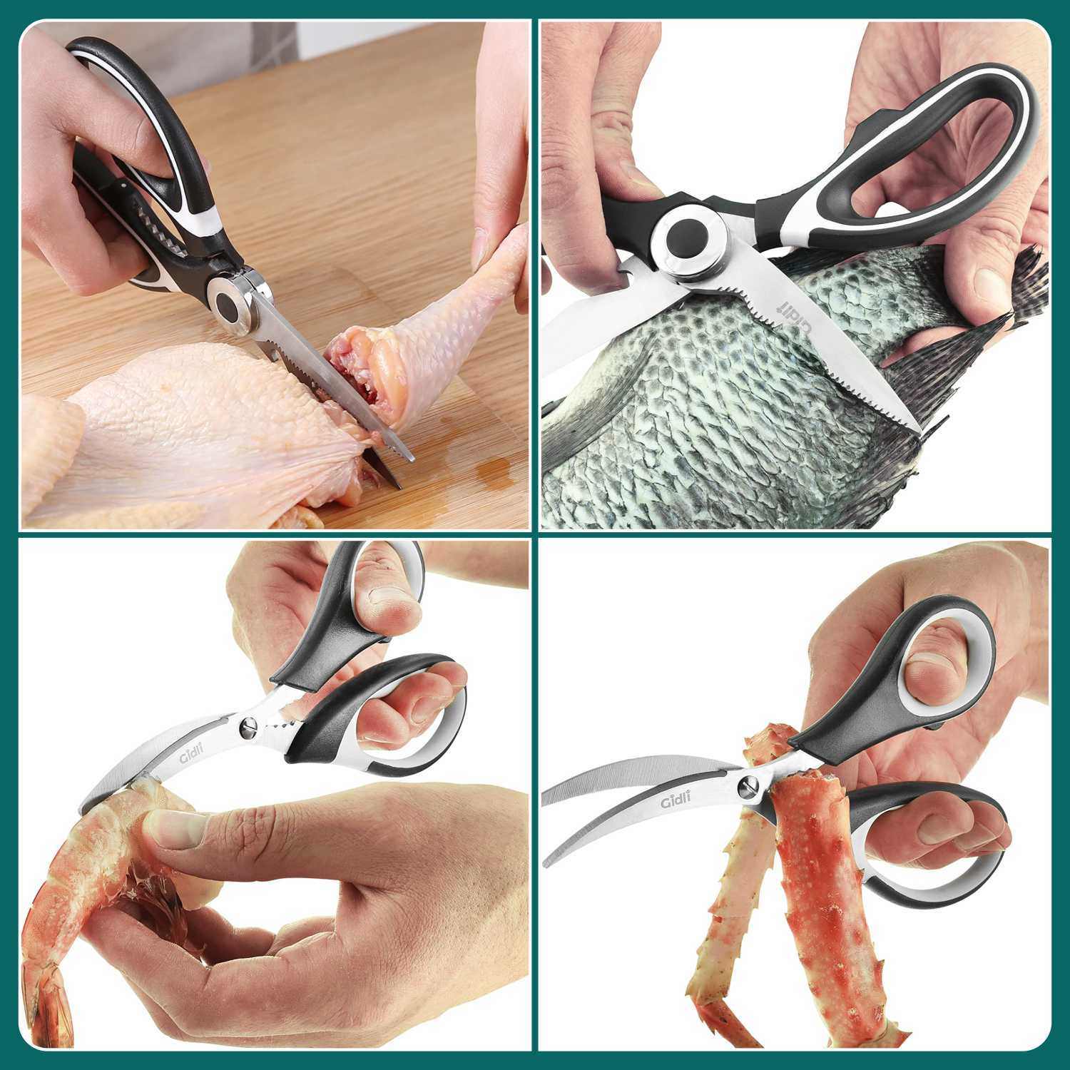 Stainless steel kitchen scissors cutting poultry, fish, seafood; essential household tool.
