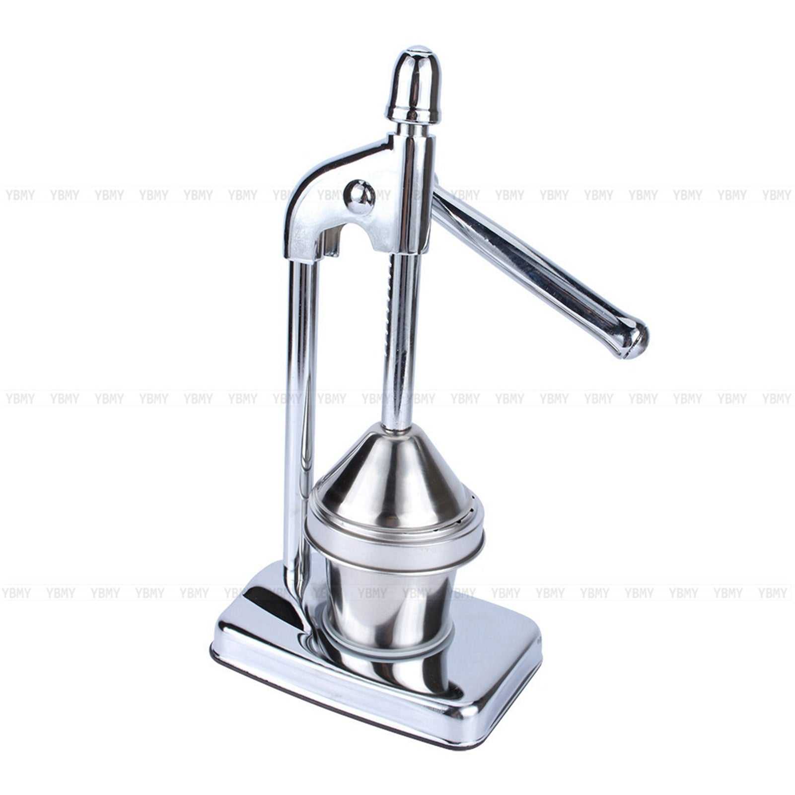 Durable manual hand press orange juicer with lever-gear handle and stainless steel cup.