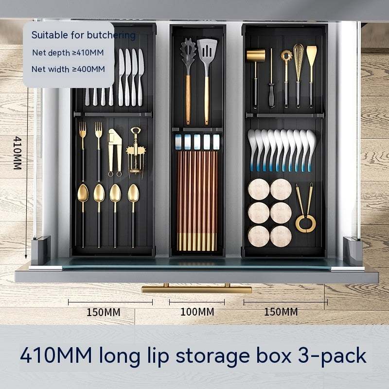 Kitchen drawer storage box with multi-compartment design for organizing utensils, 410mm long, aluminum material.